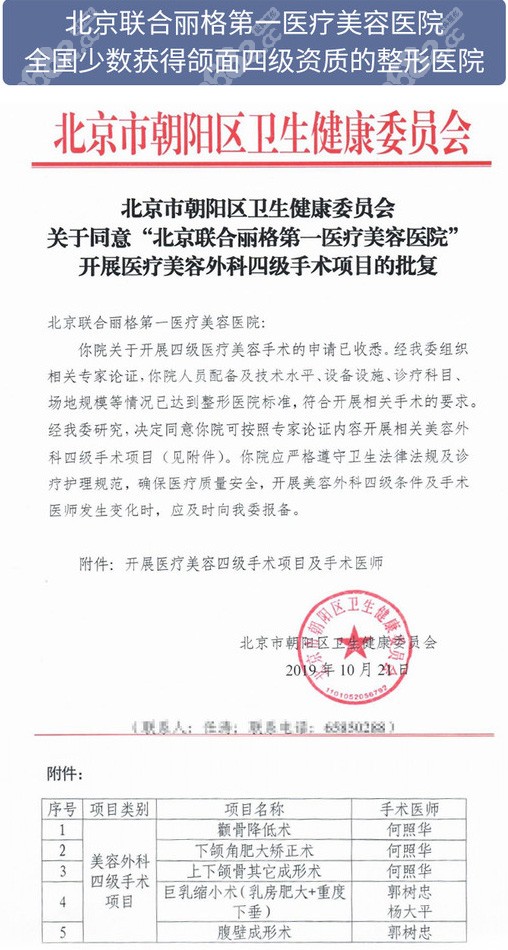 北京联合丽格是获得颌面四级资质的整形医院