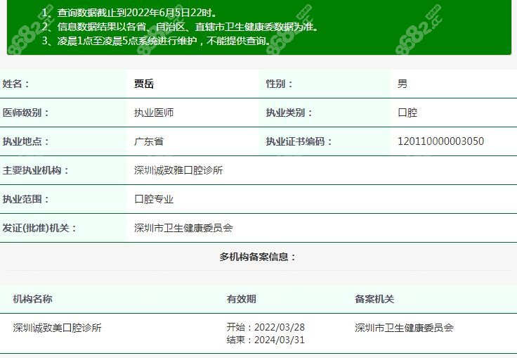深圳诚致美口腔贾岳博士注册信息