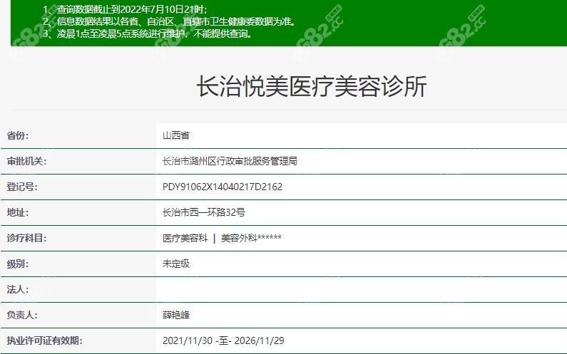 长治悦美整形在卫健委上登记的信息