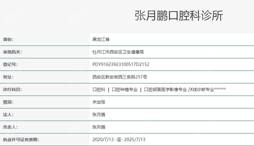 牡丹江张月鹏口腔诊所卫健委资料