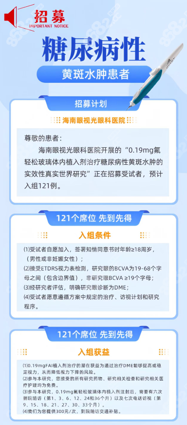 ?？趪鴲垩劭泼赓M(fèi)招募0.19氟輕松治糖尿病性黃斑水腫患者