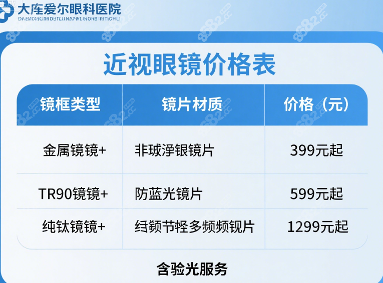 大庆爱尔眼科框架眼镜价格表