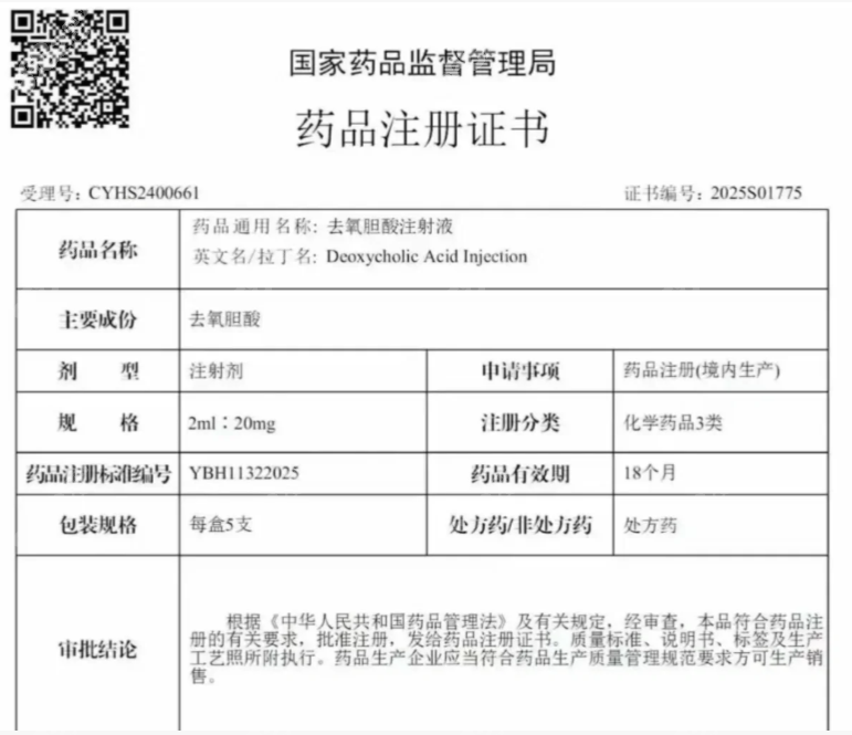 迈诺威溶脂针有药监局批文