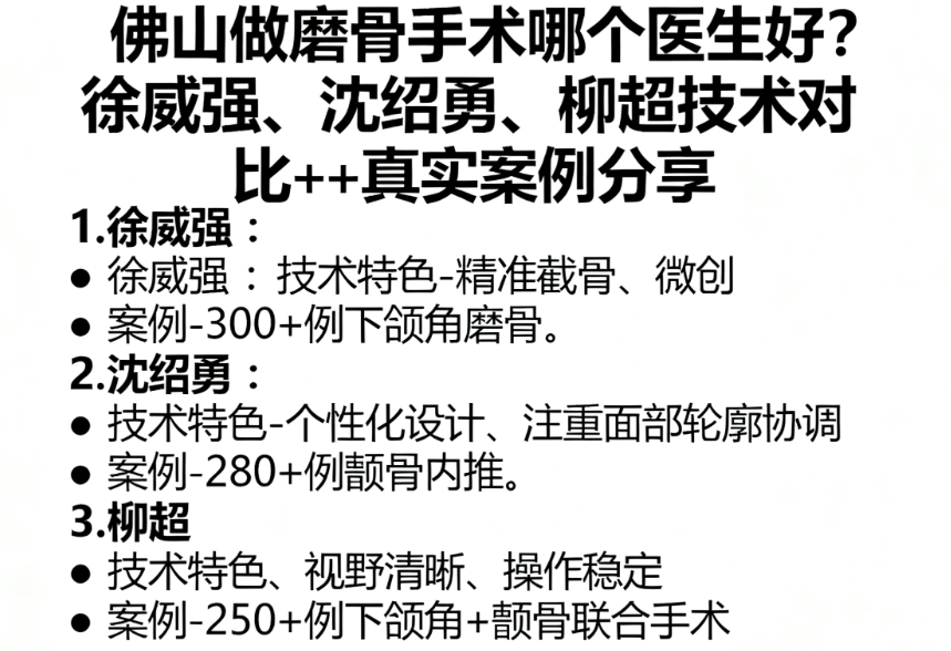佛山做磨骨手术哪个医生好?徐威强、沈绍勇、柳超技术对比+真实案例分享