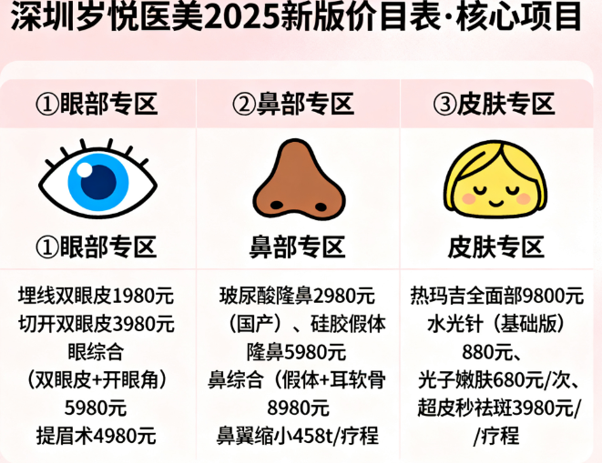 深圳岁悦医美价目表2025新版，双眼皮/隆鼻性价比高，大家直接抄